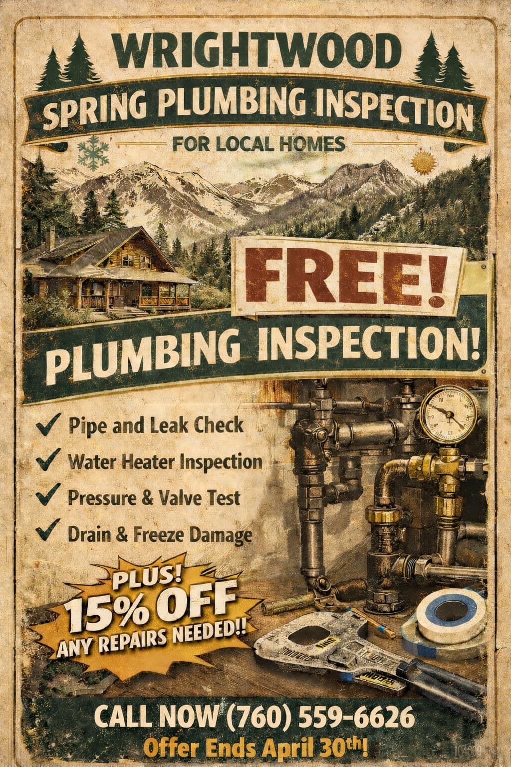 Free Spring Plumbing Inspection for Wrightwood Homes image